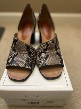 1. State Women's Snake-Print Open-Toe Block Heel Sandals in Taupe and Black.